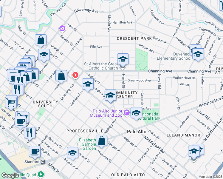 map of restaurants, bars, coffee shops, grocery stores, and more near 813 Melville Avenue in Palo Alto