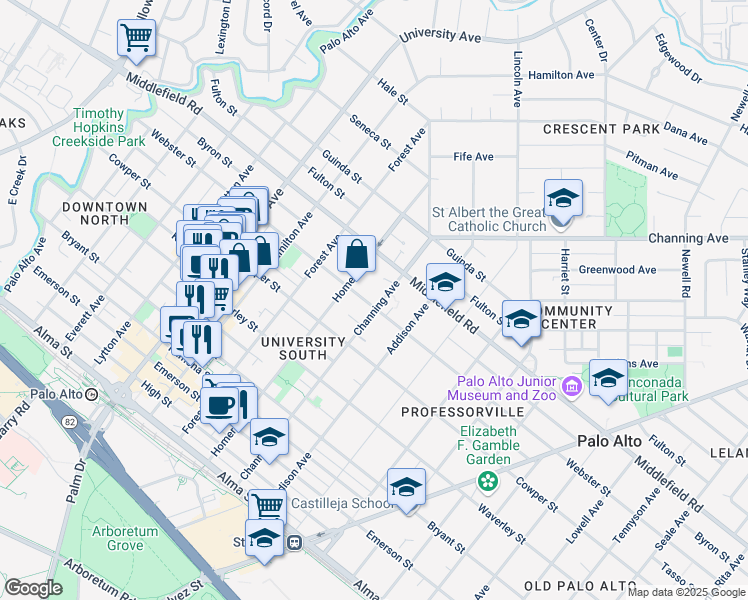 map of restaurants, bars, coffee shops, grocery stores, and more near 916 Webster Street in Palo Alto