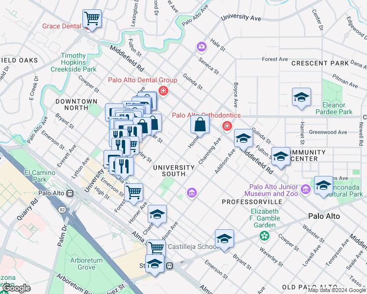 map of restaurants, bars, coffee shops, grocery stores, and more near 500 Homer Avenue in Palo Alto