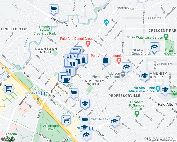 map of restaurants, bars, coffee shops, grocery stores, and more near in Palo Alto