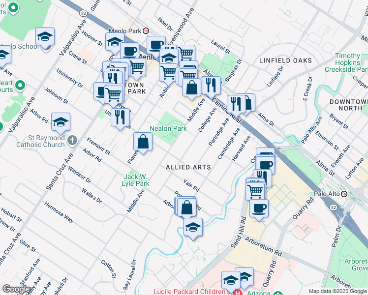 map of restaurants, bars, coffee shops, grocery stores, and more near in Menlo Park