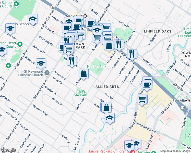 map of restaurants, bars, coffee shops, grocery stores, and more near 908 Middle Avenue in Menlo Park