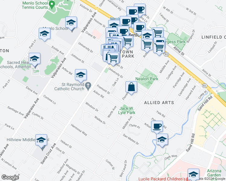 map of restaurants, bars, coffee shops, grocery stores, and more near 823 Fremont Street in Menlo Park