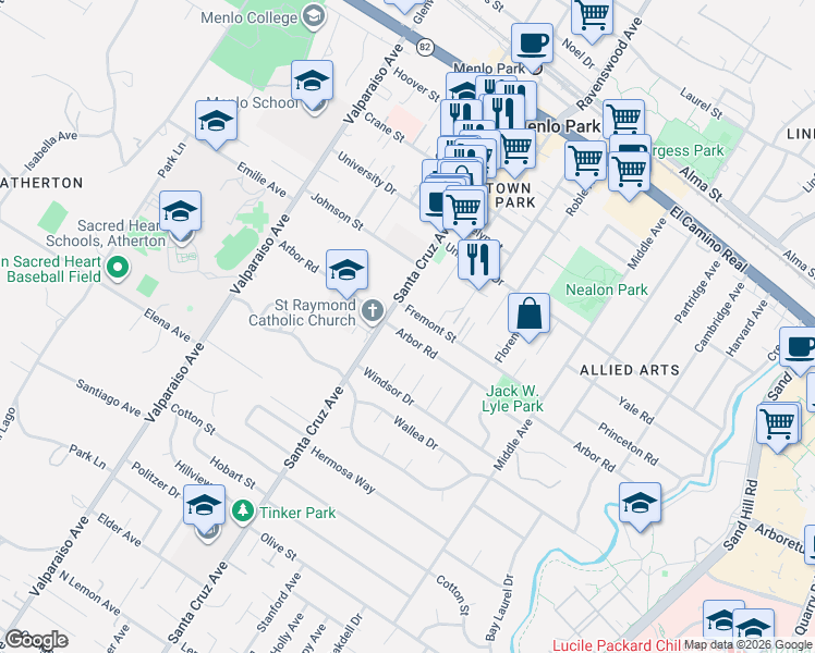 map of restaurants, bars, coffee shops, grocery stores, and more near 925 Arbor Road in Menlo Park