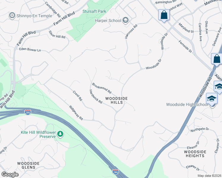 map of restaurants, bars, coffee shops, grocery stores, and more near 165 Brookwood Road in Woodside