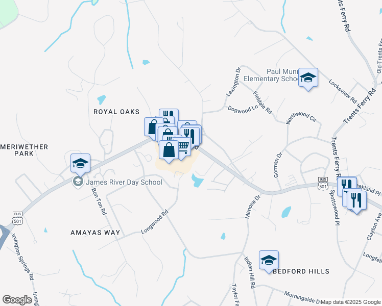 map of restaurants, bars, coffee shops, grocery stores, and more near 4925 Boonsboro Road in Lynchburg