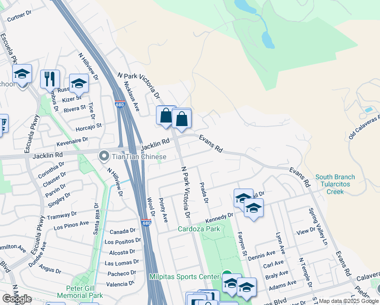 map of restaurants, bars, coffee shops, grocery stores, and more near 1311 Daniel Court in Milpitas
