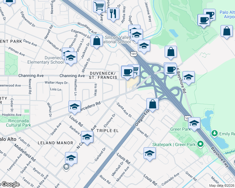 map of restaurants, bars, coffee shops, grocery stores, and more near 40 Tulip Lane in Palo Alto
