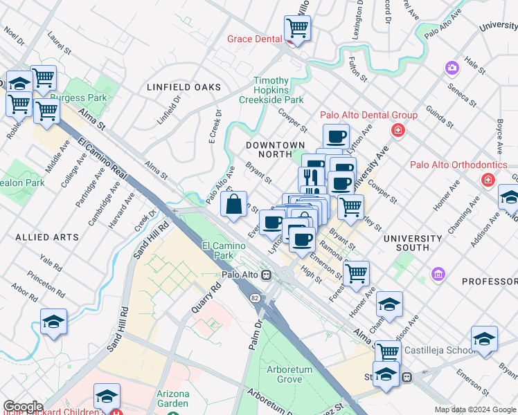 map of restaurants, bars, coffee shops, grocery stores, and more near 246 Hawthorne Avenue in Palo Alto