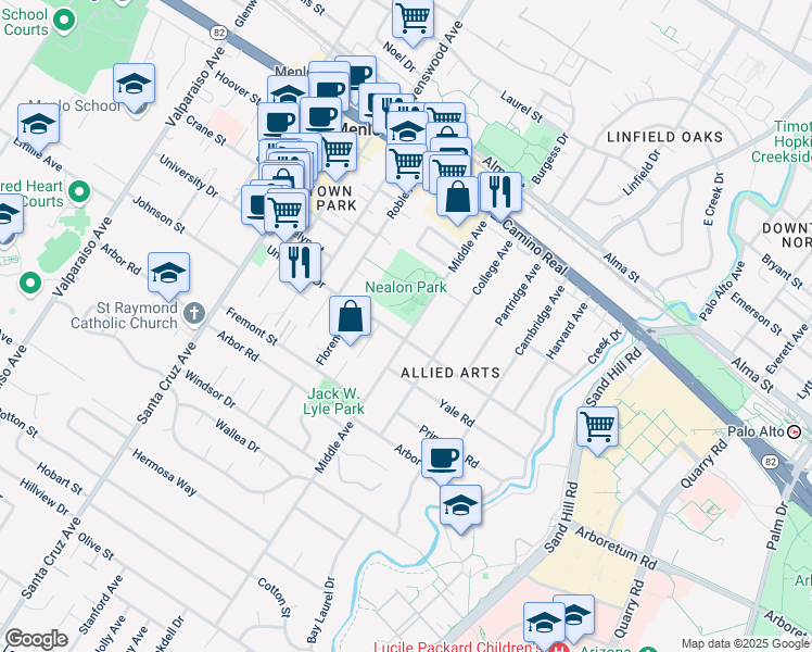 map of restaurants, bars, coffee shops, grocery stores, and more near in Menlo Park