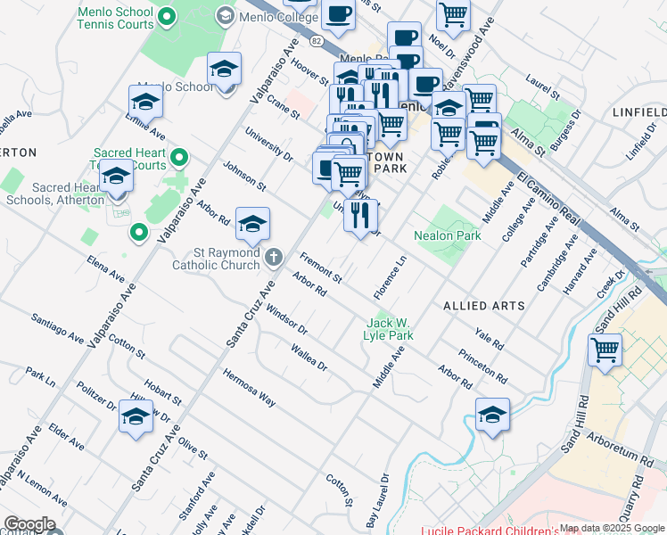 map of restaurants, bars, coffee shops, grocery stores, and more near 960 Oak Lane in Menlo Park