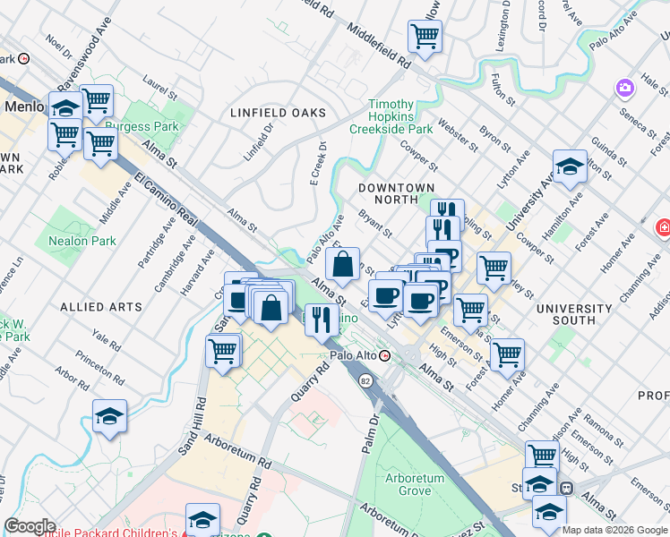 map of restaurants, bars, coffee shops, grocery stores, and more near 131 Hawthorne Avenue in Palo Alto