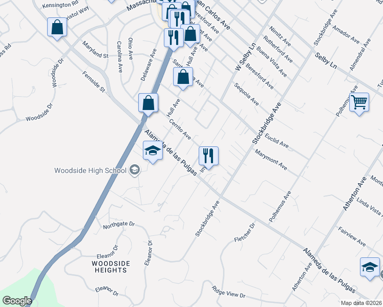 map of restaurants, bars, coffee shops, grocery stores, and more near 362 Cerrito Avenue in Redwood City