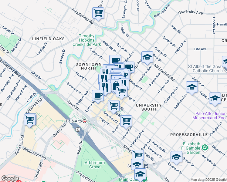 map of restaurants, bars, coffee shops, grocery stores, and more near 353 University Avenue in Palo Alto