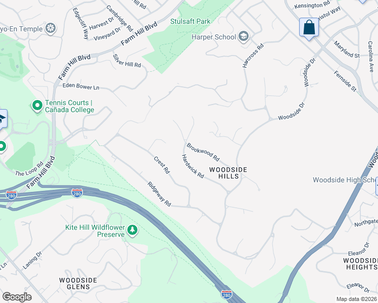 map of restaurants, bars, coffee shops, grocery stores, and more near 200 Hardwick Road in Woodside