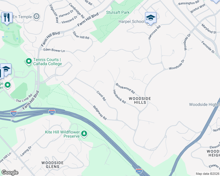 map of restaurants, bars, coffee shops, grocery stores, and more near 205 Brookwood Road in Woodside