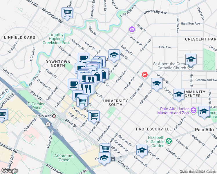 map of restaurants, bars, coffee shops, grocery stores, and more near 619 Cowper Street in Palo Alto