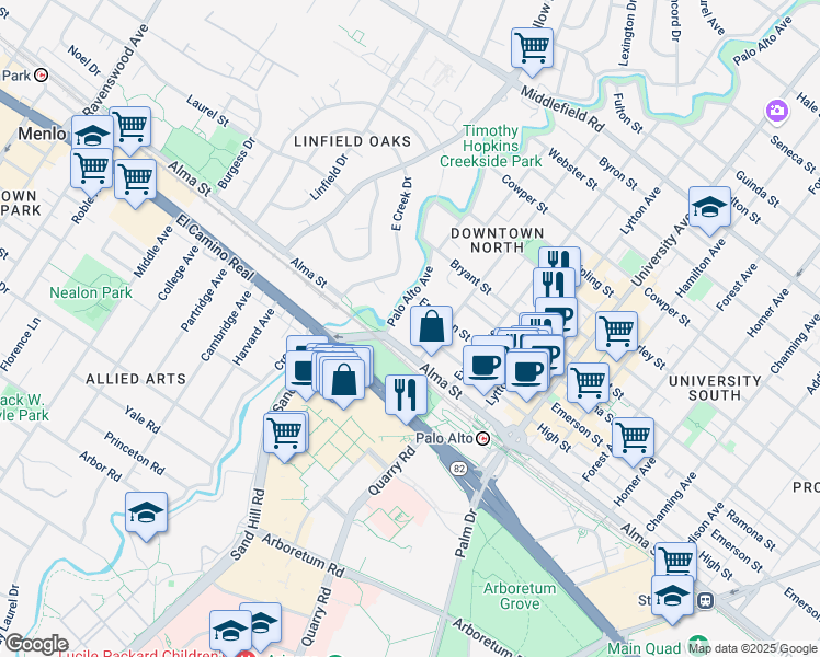 map of restaurants, bars, coffee shops, grocery stores, and more near 132 Emerson Street in Palo Alto