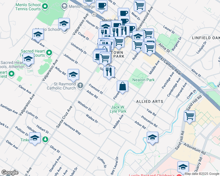 map of restaurants, bars, coffee shops, grocery stores, and more near 922A Roble Avenue in Menlo Park