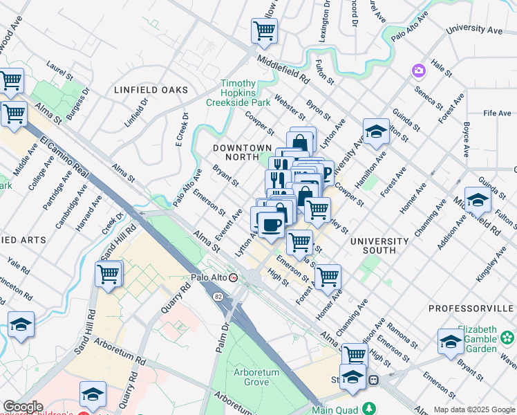 map of restaurants, bars, coffee shops, grocery stores, and more near 330 Everett Avenue in Palo Alto