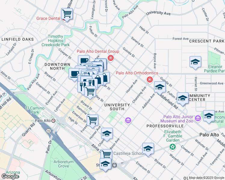 map of restaurants, bars, coffee shops, grocery stores, and more near 501 Forest Avenue in Palo Alto
