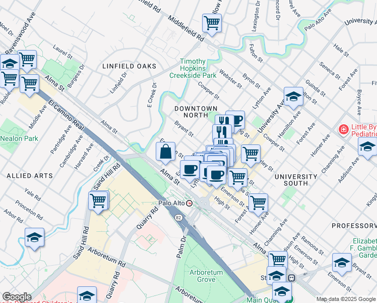 map of restaurants, bars, coffee shops, grocery stores, and more near 246 Hawthorne Avenue in Palo Alto