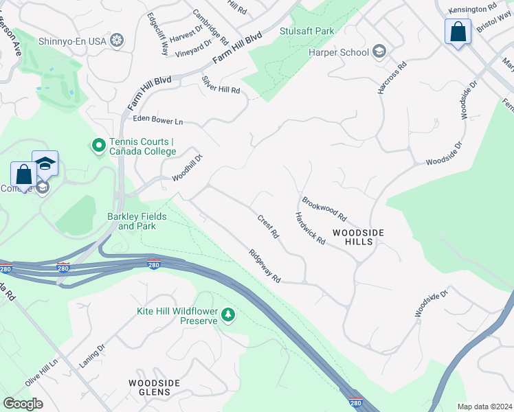 map of restaurants, bars, coffee shops, grocery stores, and more near 198 Crest Road in Woodside