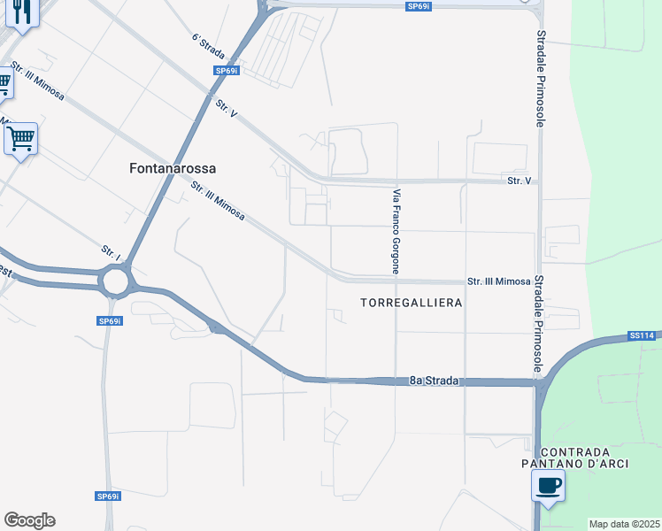 map of restaurants, bars, coffee shops, grocery stores, and more near 14 Strada III Mimosa in Catania