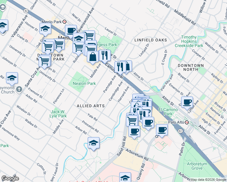 map of restaurants, bars, coffee shops, grocery stores, and more near 662 Cambridge Avenue in Menlo Park