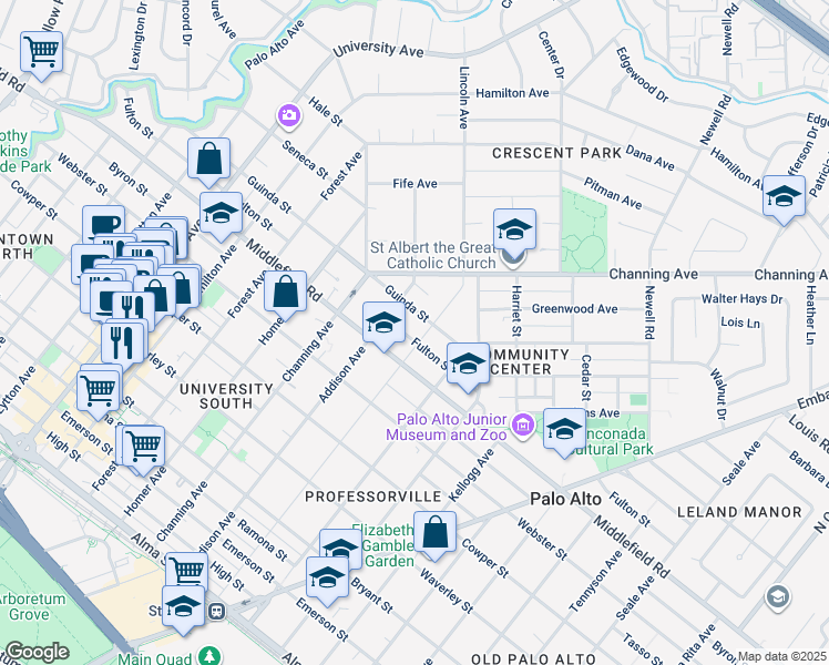 map of restaurants, bars, coffee shops, grocery stores, and more near 1057 Fulton Street in Palo Alto