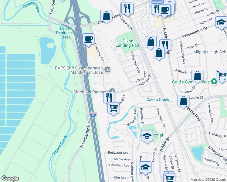 map of restaurants, bars, coffee shops, grocery stores, and more near 476 Desert Holly Street in Milpitas