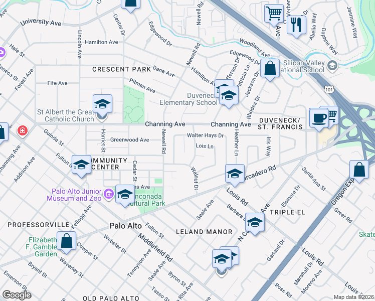 map of restaurants, bars, coffee shops, grocery stores, and more near 1058 Stanley Way in Palo Alto