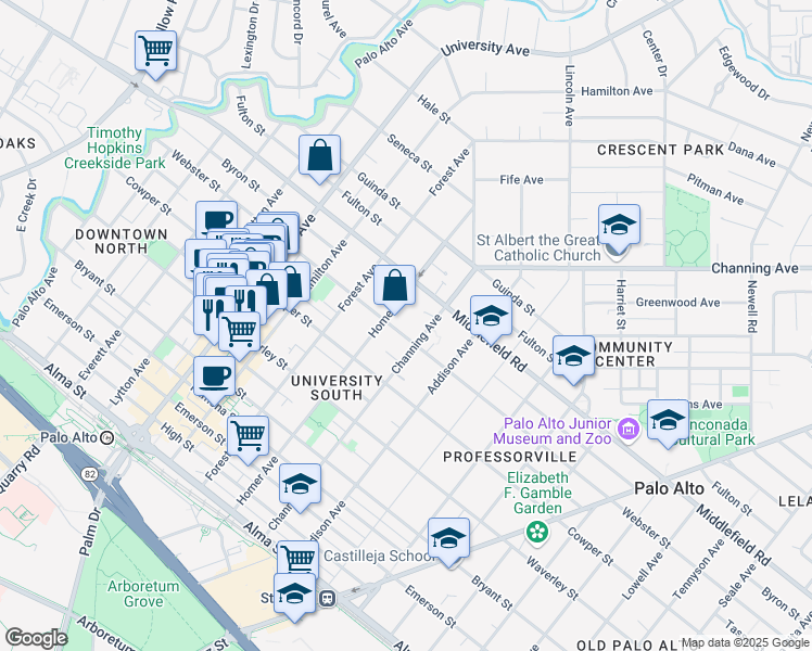 map of restaurants, bars, coffee shops, grocery stores, and more near in Palo Alto
