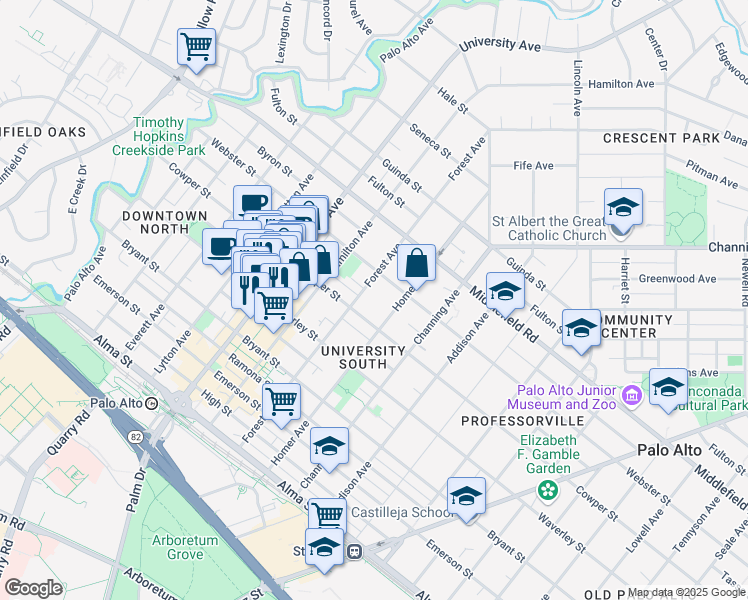 map of restaurants, bars, coffee shops, grocery stores, and more near 562 Forest Avenue in Palo Alto