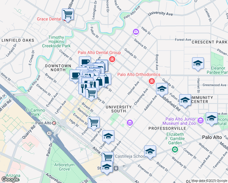 map of restaurants, bars, coffee shops, grocery stores, and more near 619 Cowper Street in Palo Alto