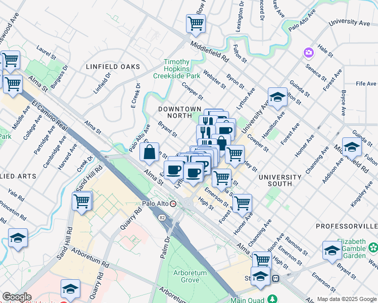 map of restaurants, bars, coffee shops, grocery stores, and more near 281 Everett Avenue in Palo Alto