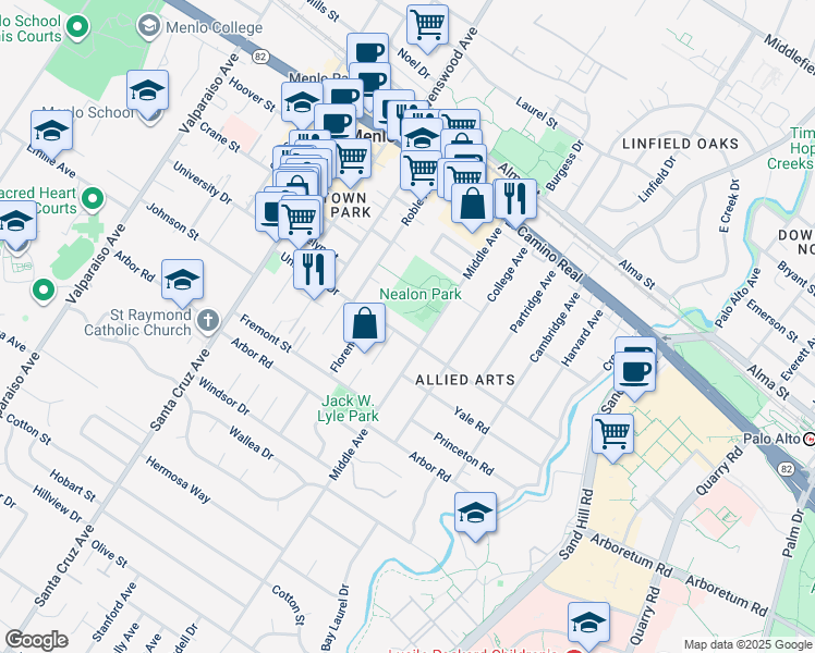 map of restaurants, bars, coffee shops, grocery stores, and more near in Menlo Park