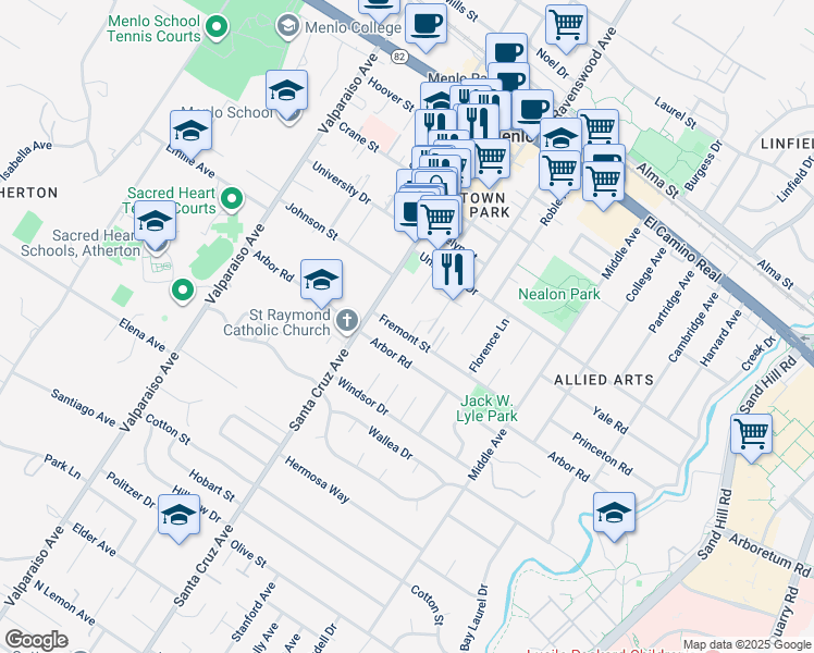 map of restaurants, bars, coffee shops, grocery stores, and more near 1070 Fremont Street in Menlo Park