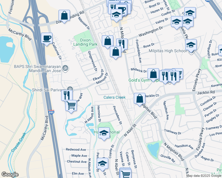 map of restaurants, bars, coffee shops, grocery stores, and more near 1190 Seaside Way in Milpitas