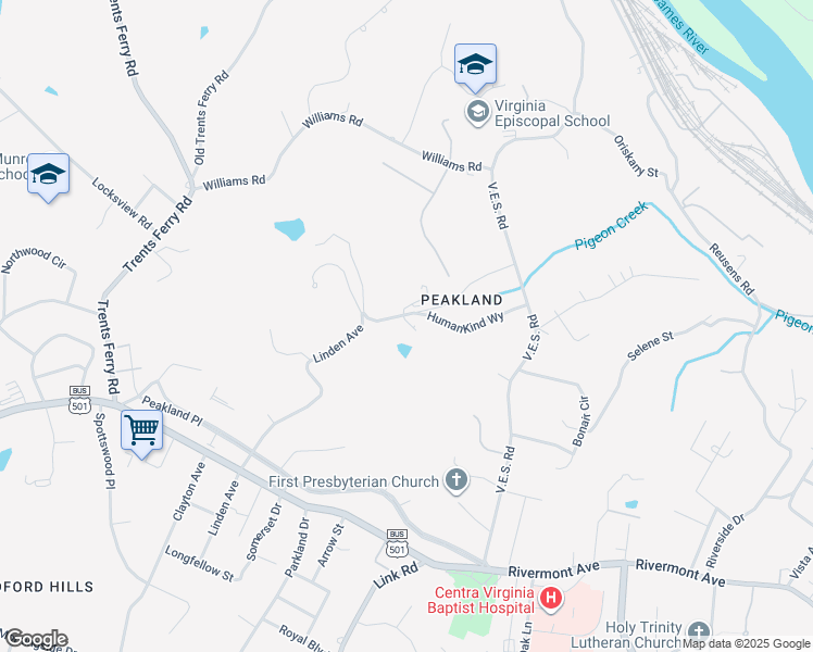 map of restaurants, bars, coffee shops, grocery stores, and more near 150 Linden Avenue in Lynchburg