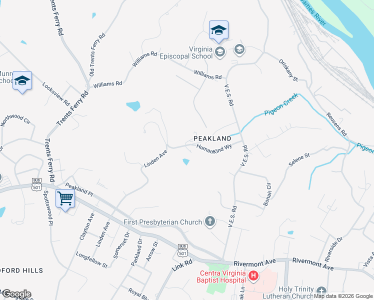 map of restaurants, bars, coffee shops, grocery stores, and more near 150 Linden Avenue in Lynchburg