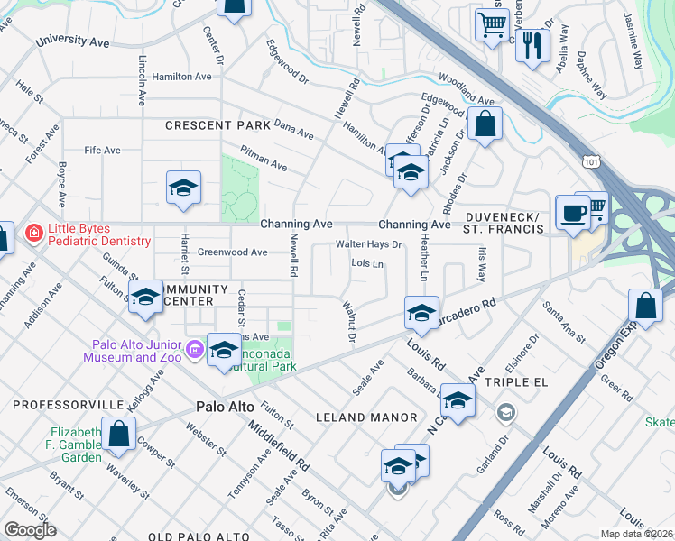 map of restaurants, bars, coffee shops, grocery stores, and more near 1058 Stanley Way in Palo Alto