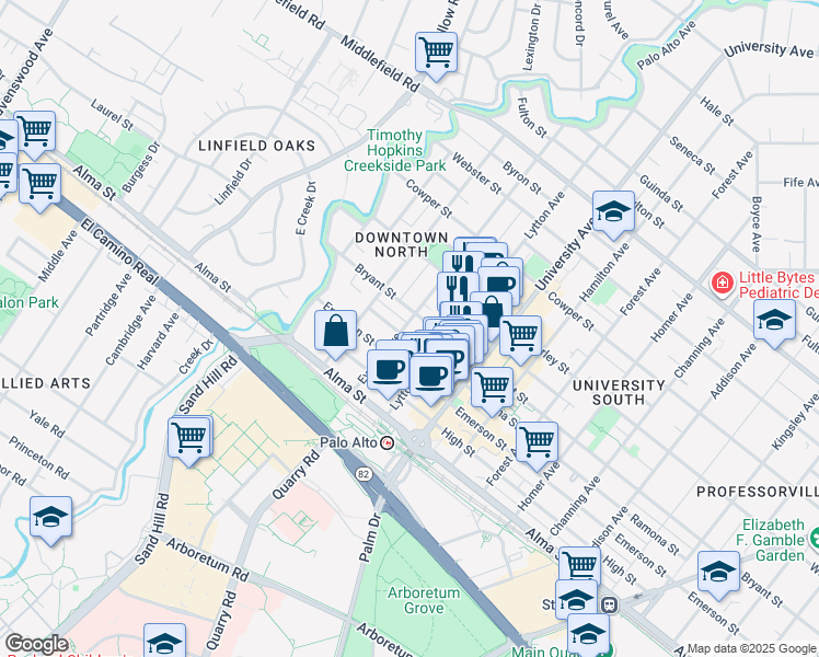 map of restaurants, bars, coffee shops, grocery stores, and more near 262 Everett Avenue in Palo Alto