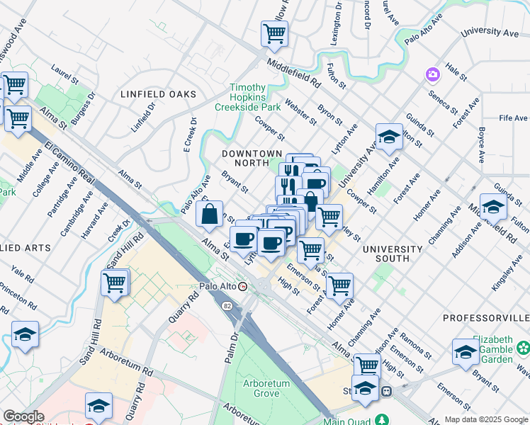 map of restaurants, bars, coffee shops, grocery stores, and more near 281 Everett Avenue in Palo Alto