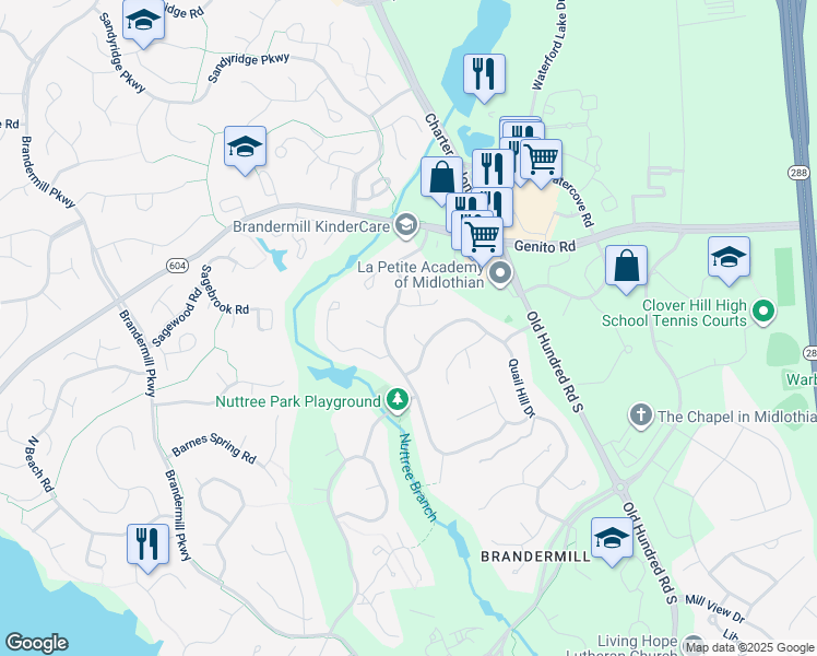 map of restaurants, bars, coffee shops, grocery stores, and more near 3100 Quail Hunt Court in Midlothian