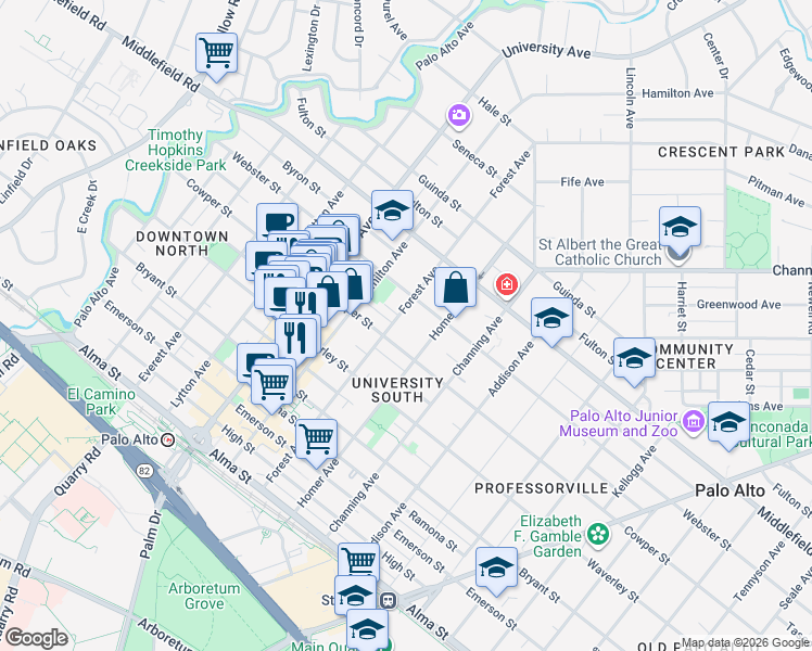 map of restaurants, bars, coffee shops, grocery stores, and more near 532 Forest Avenue in Palo Alto