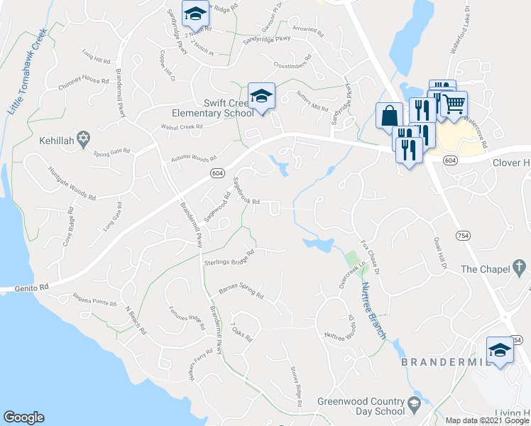 map of restaurants, bars, coffee shops, grocery stores, and more near 13907 Sagebrook Road in Midlothian