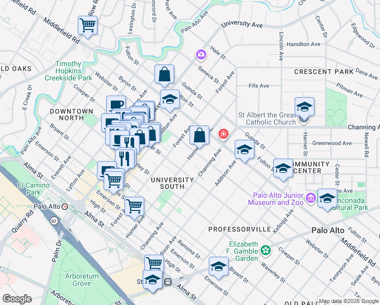 map of restaurants, bars, coffee shops, grocery stores, and more near 595 Homer Avenue in Palo Alto