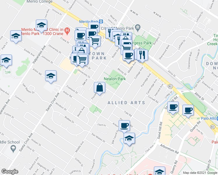 map of restaurants, bars, coffee shops, grocery stores, and more near in Menlo Park