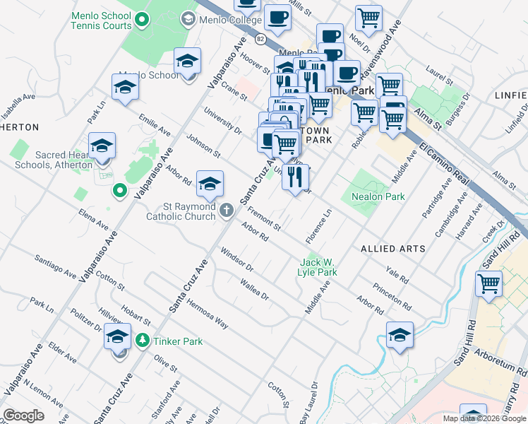 map of restaurants, bars, coffee shops, grocery stores, and more near 1070 Fremont Street in Menlo Park